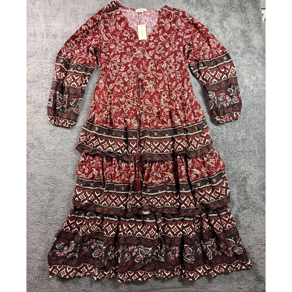 Aveology Maxi Faye Tiered Dress Floral Red NWT 16 Boho Long Sleeve Flame Bird